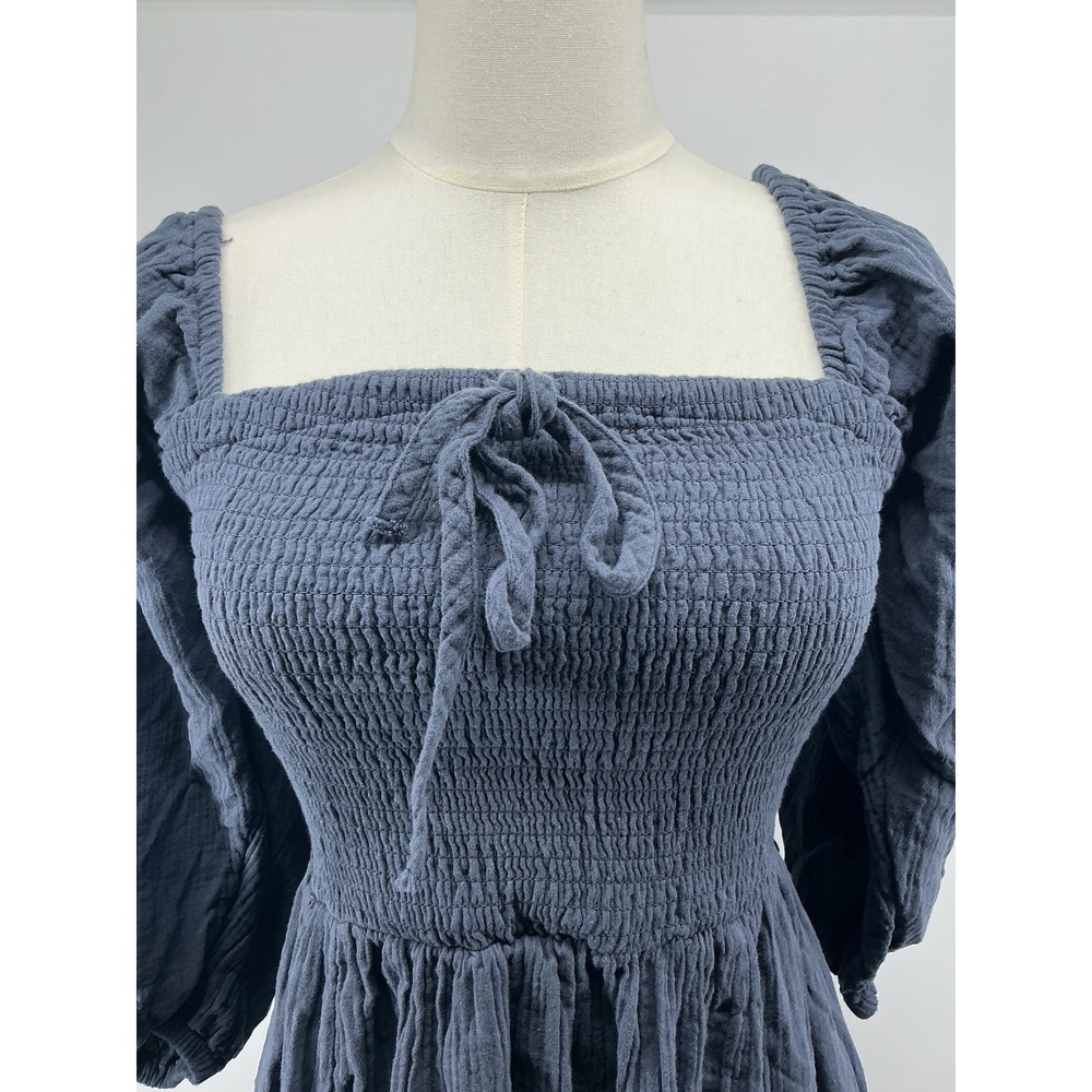 100% Organic Cotton Gauze Smocked Square Neck Midi Dress - Picture 3 of 3